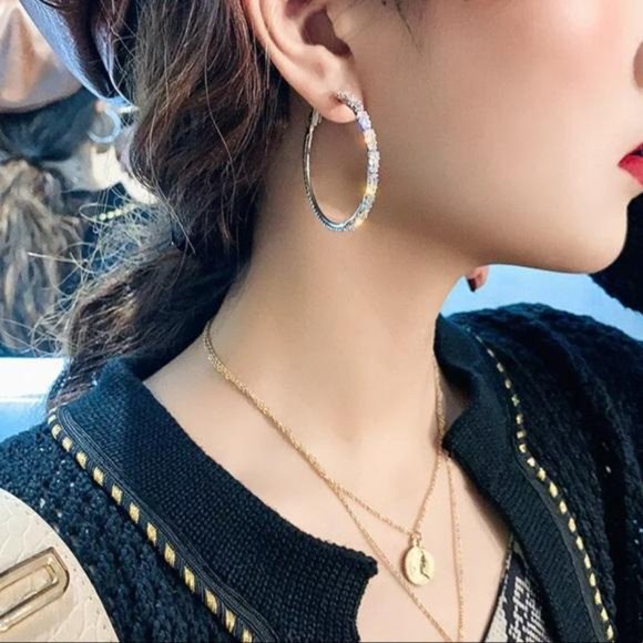 925 Sterling Silver White Sapphire Hoop Earrings - Picture 5 of 6